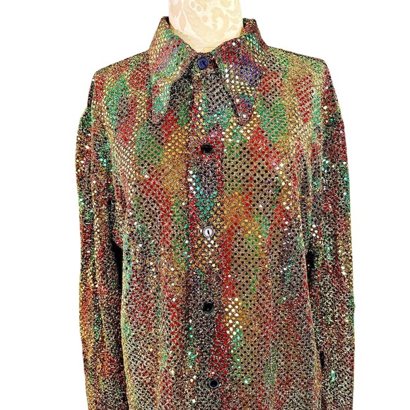Vintage Gold Lame Sequin Disco Button Down Blouse - Picture 2 of 12